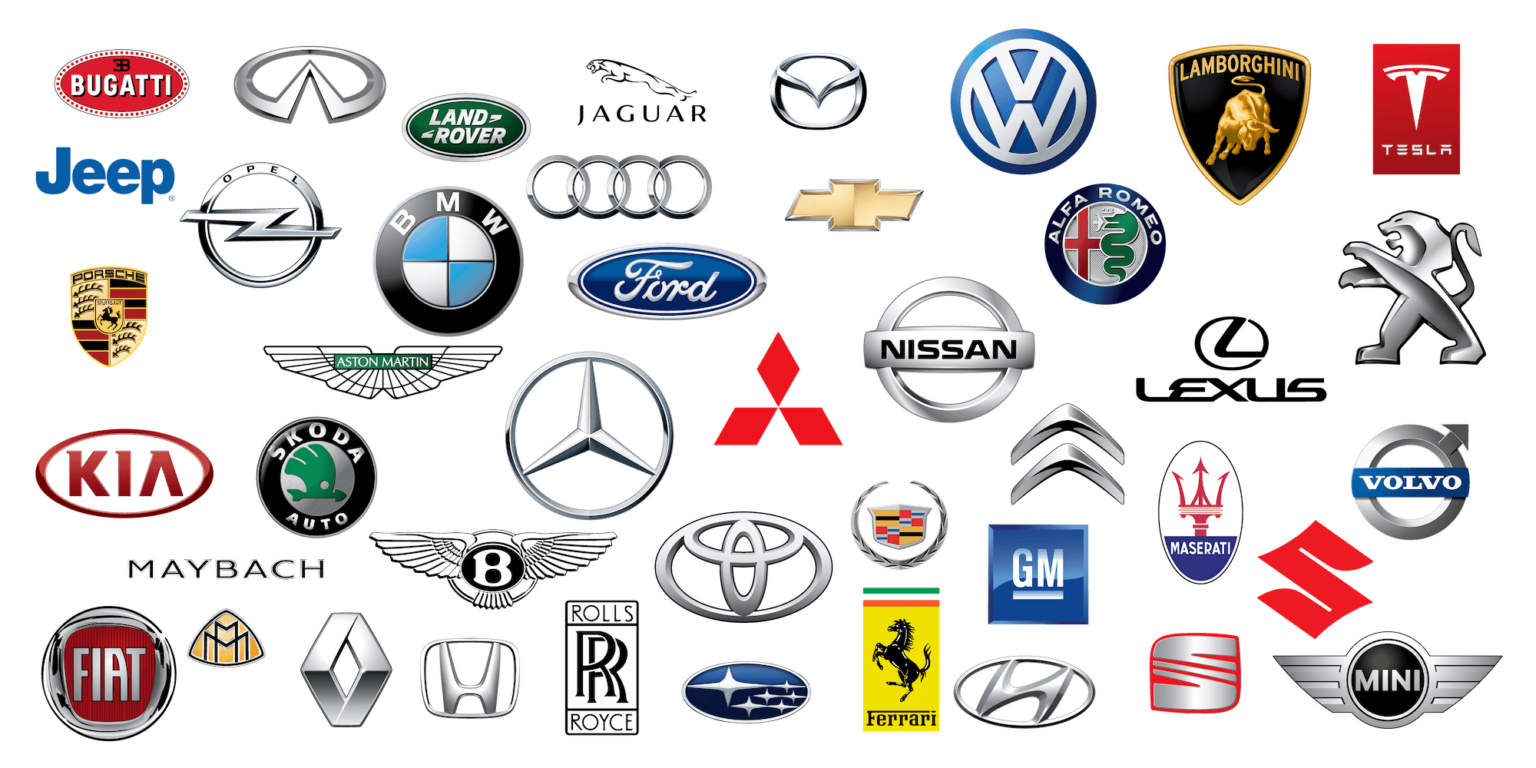 Logos zahlreicher Automarken, z. B. Tesla, Porsche, BMW, Mercedes-Benz, Audi und Volkswagen