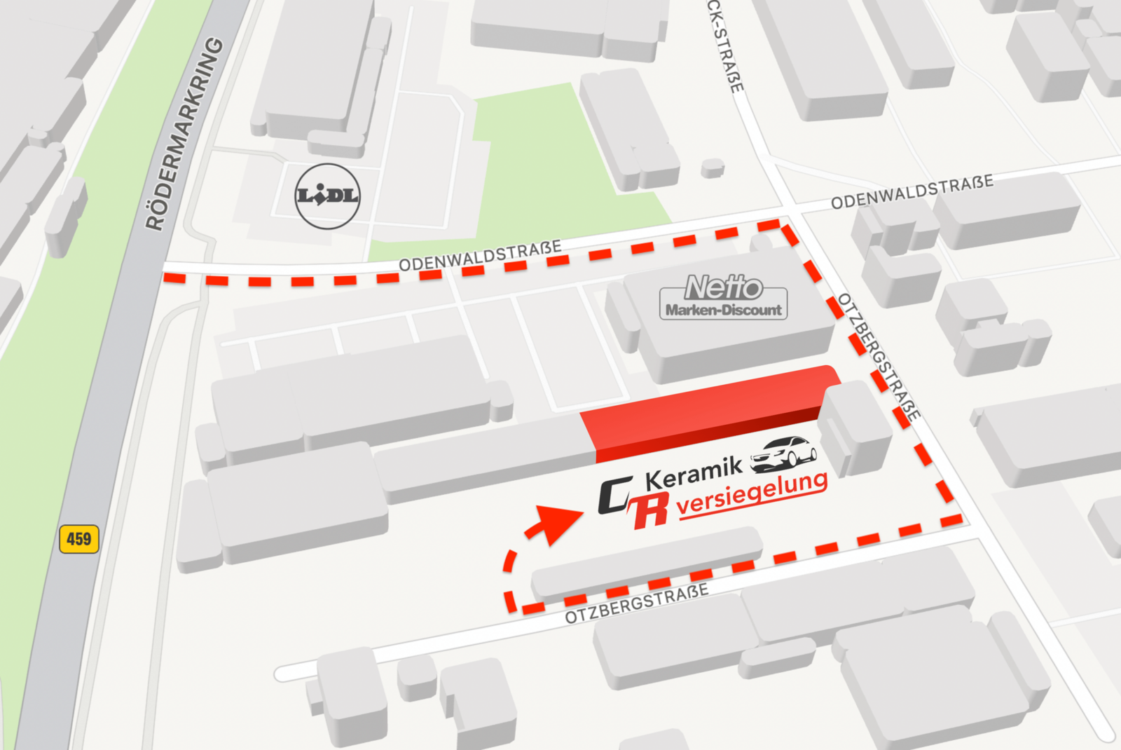 3D-Lageplan: Anfahrt über Odenwaldstraße und Otzbergstraße zur Werkstatt von CR Keramikversiegelung in Rödermark