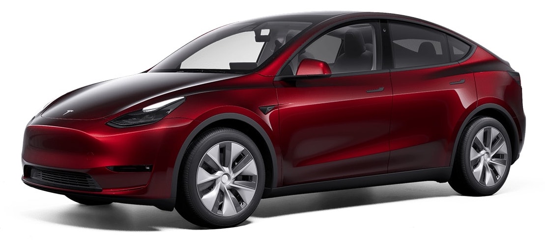 Roter Tesla Model Y, freigestellt, mit nummerierten Markierungen für die Leistungen des All-In-Pakets